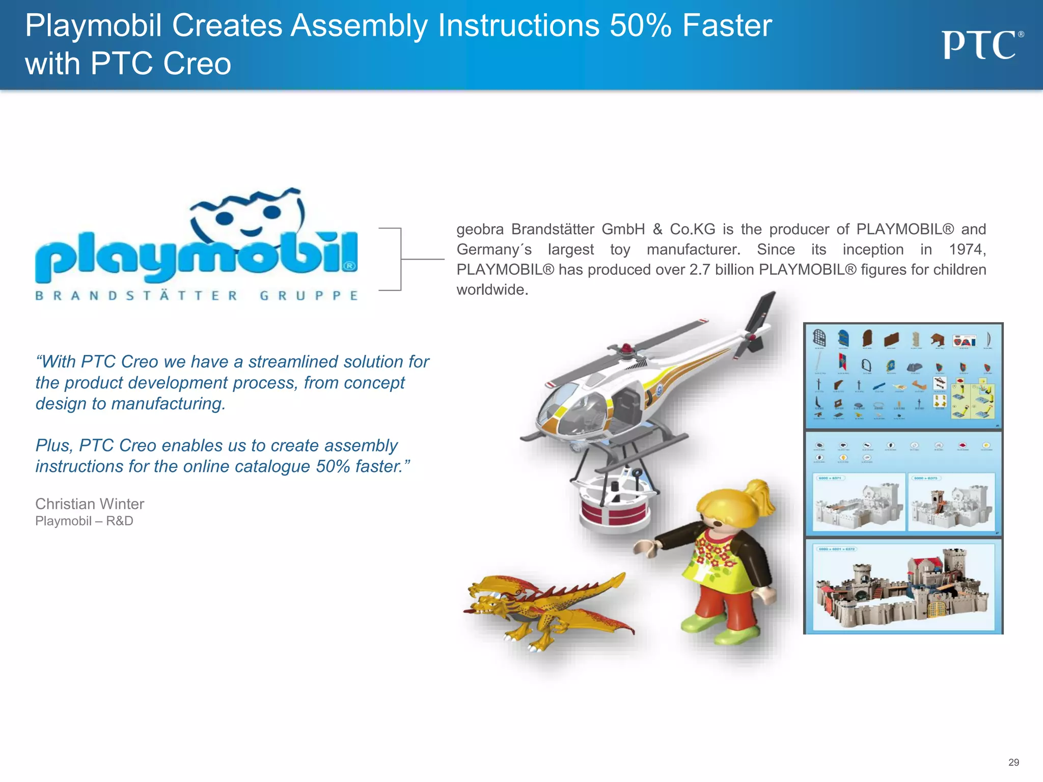29
29
Playmobil Creates Assembly Instructions 50% Faster
with PTC Creo
geobra Brandstätter GmbH & Co.KG is the producer of PLAYMOBIL® and
Germany´s largest toy manufacturer. Since its inception in 1974,
PLAYMOBIL® has produced over 2.7 billion PLAYMOBIL® figures for children
worldwide.
“With PTC Creo we have a streamlined solution for
the product development process, from concept
design to manufacturing.
Plus, PTC Creo enables us to create assembly
instructions for the online catalogue 50% faster.”
Christian Winter
Playmobil – R&D
 
