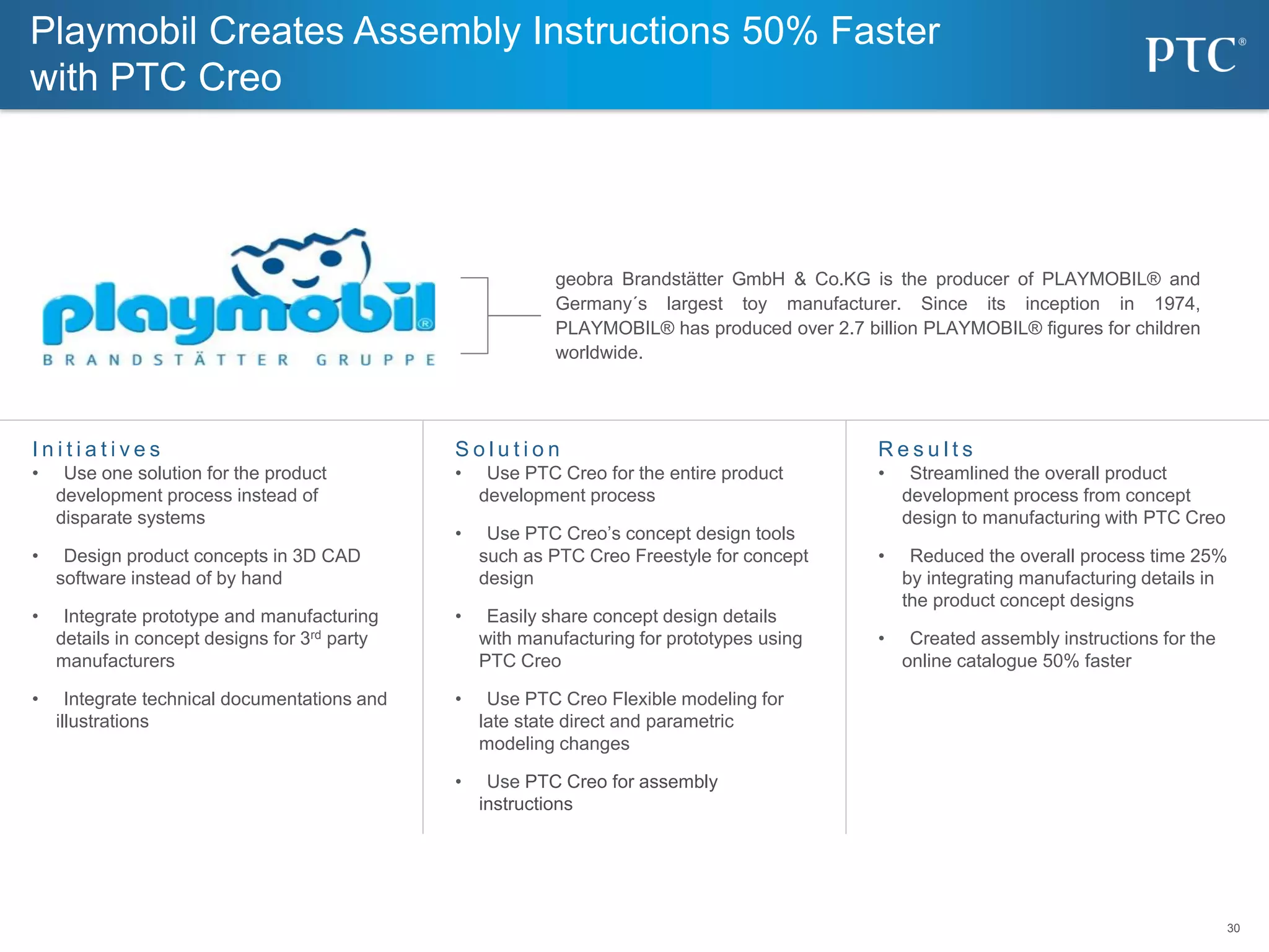 30
30
S o l u t i o n
• Use PTC Creo for the entire product
development process
• Use PTC Creo’s concept design tools
such as PTC Creo Freestyle for concept
design
• Easily share concept design details
with manufacturing for prototypes using
PTC Creo
• Use PTC Creo Flexible modeling for
late state direct and parametric
modeling changes
• Use PTC Creo for assembly
instructions
I n i t i a t i v e s
• Use one solution for the product
development process instead of
disparate systems
• Design product concepts in 3D CAD
software instead of by hand
• Integrate prototype and manufacturing
details in concept designs for 3rd party
manufacturers
• Integrate technical documentations and
illustrations
R e s u l t s
• Streamlined the overall product
development process from concept
design to manufacturing with PTC Creo
• Reduced the overall process time 25%
by integrating manufacturing details in
the product concept designs
• Created assembly instructions for the
online catalogue 50% faster
Playmobil Creates Assembly Instructions 50% Faster
with PTC Creo
geobra Brandstätter GmbH & Co.KG is the producer of PLAYMOBIL® and
Germany´s largest toy manufacturer. Since its inception in 1974,
PLAYMOBIL® has produced over 2.7 billion PLAYMOBIL® figures for children
worldwide.
 