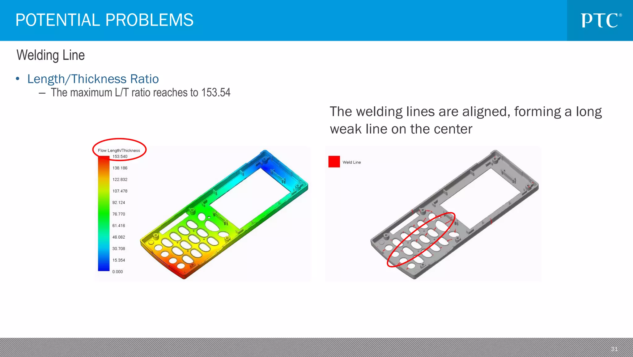31
• Length/Thickness Ratio
– The maximum L/T ratio reaches to 153.54
POTENTIAL PROBLEMS
Welding Line
The welding lines are aligned, forming a long
weak line on the center
 