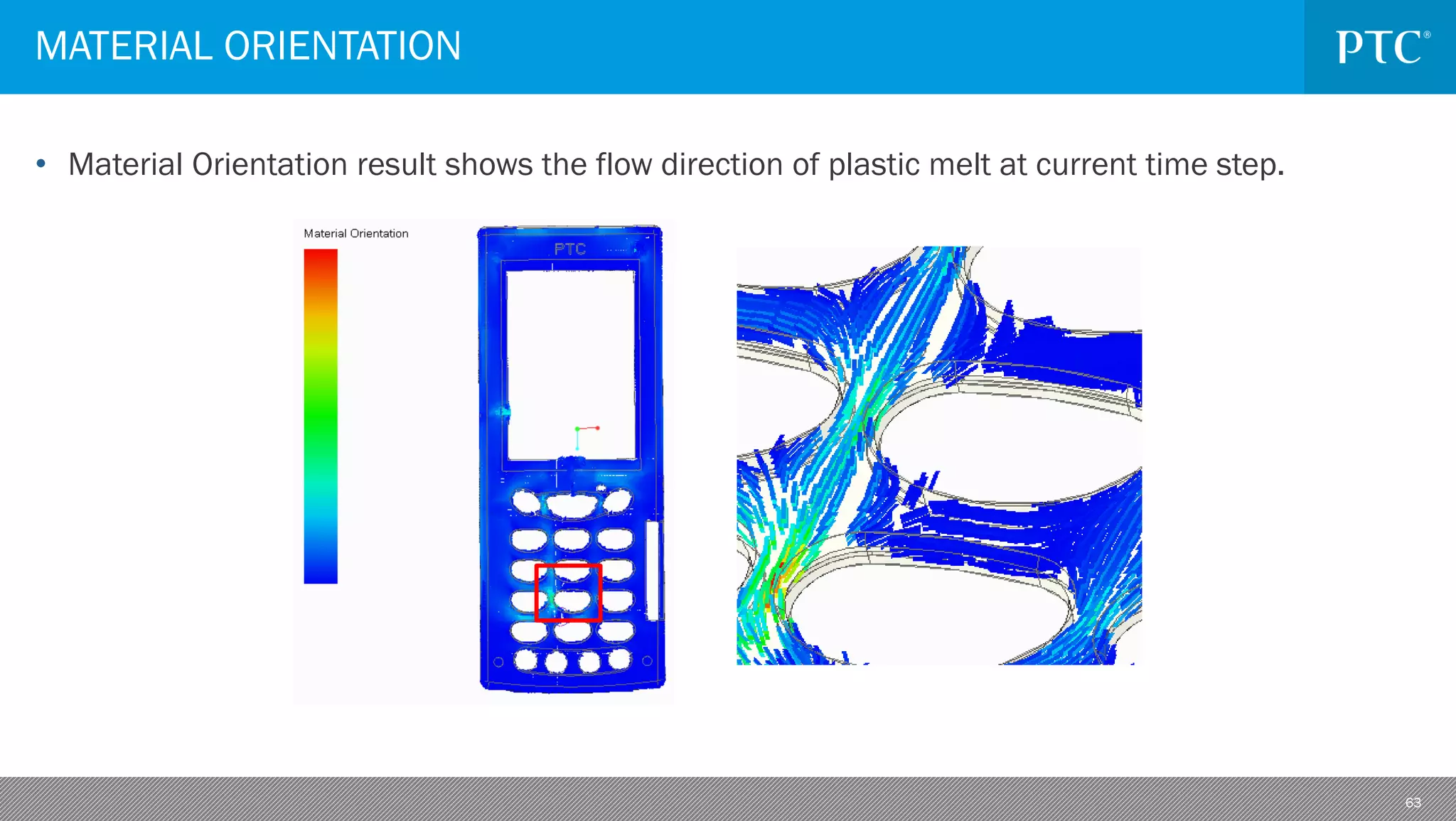 63
• Material Orientation result shows the flow direction of plastic melt at current time step.
MATERIAL ORIENTATION
 