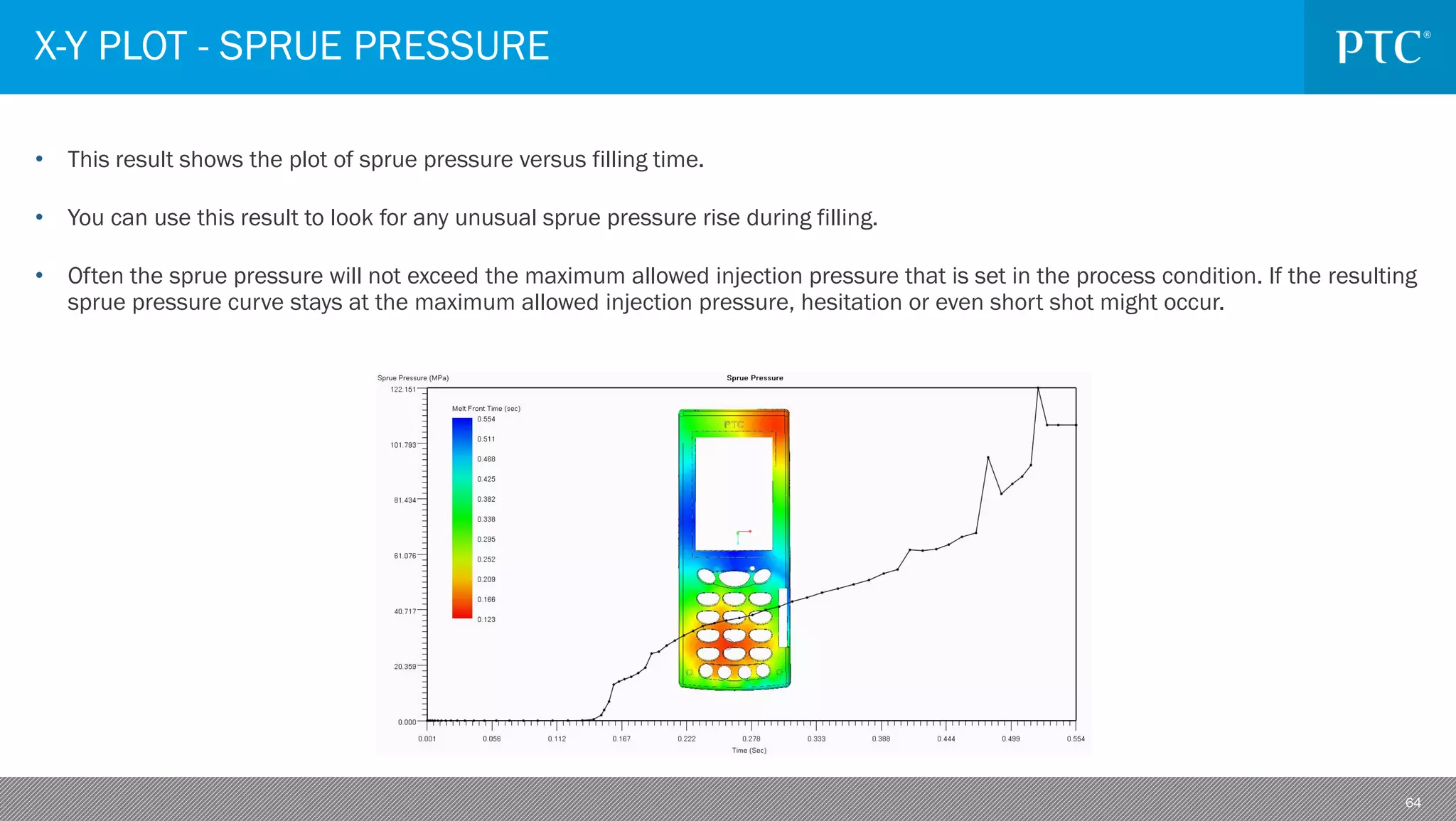 64
• This result shows the plot of sprue pressure versus filling time.
• You can use this result to look for any unusual sprue pressure rise during filling.
• Often the sprue pressure will not exceed the maximum allowed injection pressure that is set in the process condition. If the resulting
sprue pressure curve stays at the maximum allowed injection pressure, hesitation or even short shot might occur.
X-Y PLOT - SPRUE PRESSURE
 