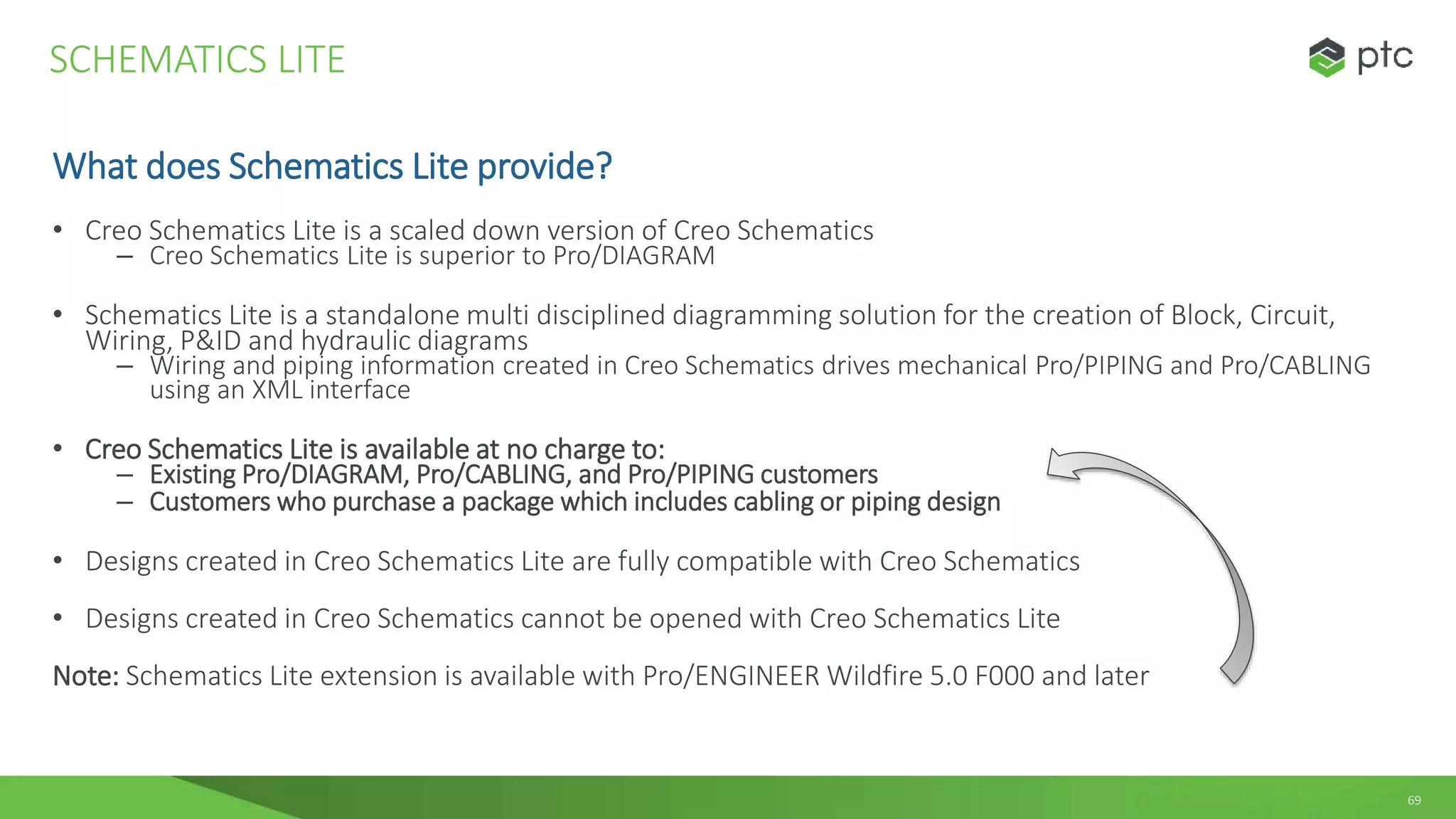 69
What does Schematics Lite provide?
• Creo Schematics Lite is a scaled down version of Creo Schematics
– Creo Schematics Lite is superior to Pro/DIAGRAM
• Schematics Lite is a standalone multi disciplined diagramming solution for the creation of Block, Circuit,
Wiring, P&ID and hydraulic diagrams
– Wiring and piping information created in Creo Schematics drives mechanical Pro/PIPING and Pro/CABLING
using an XML interface
• Creo Schematics Lite is available at no charge to:
– Existing Pro/DIAGRAM, Pro/CABLING, and Pro/PIPING customers
– Customers who purchase a package which includes cabling or piping design
• Designs created in Creo Schematics Lite are fully compatible with Creo Schematics
• Designs created in Creo Schematics cannot be opened with Creo Schematics Lite
Note: Schematics Lite extension is available with Pro/ENGINEER Wildfire 5.0 F000 and later
SCHEMATICS LITE
 