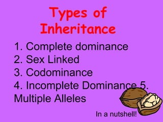 1. Complete dominance
2. Sex Linked
3. Codominance
4. Incomplete Dominance 5.
Multiple Alleles
In a nutshell!
Types of
Inheritance
 