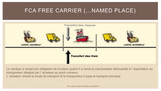 FCA FREE CARRIER (…NAMED PLACE)
Le vendeur a rempli son obligation de livraison quand il a remis la marchandise dédouanée à l ’exportation au
transporteur désigné par l ’acheteur au point convenu
L ’acheteur choisit le mode de transport et le transporteur il paye le transport principal
Par Lopez Antoine d'après le site BPI.fr
 