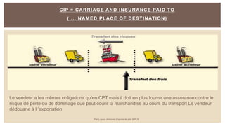 CIP = CARRIAGE AND INSURANCE PAID TO
( ... NAMED PLACE OF DESTINATION)
Le vendeur a les mêmes obligations qu’en CPT mais il doit en plus fournir une assurance contre le
risque de perte ou de dommage que peut courir la marchandise au cours du transport Le vendeur
dédouane à l ’exportation
Par Lopez Antoine d'après le site BPI.fr
 