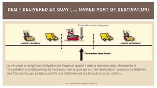 DEQ = DELIVERED EX QUAY ( ... NAMED PORT OF DESTINATION)
Le vendeur a rempli son obligation de livraison quand il met la marchandise dédouanée à
l’importation à la disposition de l’acheteur sur le quai au port de destination convenu Le transfert
des frais et risques se fait quand la marchandise est sur le quai du port convenu
Par Lopez Antoine d'après le site BPI.fr
 