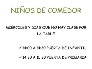 NIÑOS DE COMEDOR

MIÉRCOLES Y DÍAS QUE NO HAY CLASE POR
               LA TARDE


       14:00 A 14:30 PUERTA DE INFANTIL

       14:30 A 15:30 PUERTA DE PRIMARIA
 