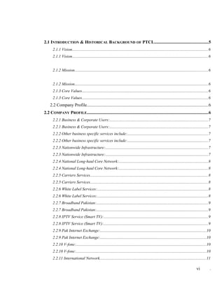2.1 INTRODUCTION & HISTORICAL BACKGROUND OF PTCL.................................................5
2.1.1 Vision.....................................................................................................................................6
2.1.1 Vision.....................................................................................................................................6
2.1.2 Mission..................................................................................................................................6
2.1.2 Mission..................................................................................................................................6
2.1.3 Core Values...........................................................................................................................6
2.1.3 Core Values...........................................................................................................................6
2.2 Company Profile..............................................................................................................6
2.2 COMPANY PROFILE..............................................................................................................6
2.2.1 Business & Corporate Users:................................................................................................7
2.2.1 Business & Corporate Users:................................................................................................7
2.2.2 Other business specific services include:...............................................................................7
2.2.2 Other business specific services include:...............................................................................7
2.2.3 Nationwide Infrastructure:....................................................................................................7
2.2.3 Nationwide Infrastructure:....................................................................................................7
2.2.4 National Long-haul Core Network:.......................................................................................8
2.2.4 National Long-haul Core Network:.......................................................................................8
2.2.5 Carriers Services...................................................................................................................8
2.2.5 Carriers Services...................................................................................................................8
2.2.6 White Label Services:............................................................................................................8
2.2.6 White Label Services:............................................................................................................8
2.2.7 Broadband Pakistan:.............................................................................................................9
2.2.7 Broadband Pakistan:.............................................................................................................9
2.2.8 IPTV Service (Smart TV):......................................................................................................9
2.2.8 IPTV Service (Smart TV):......................................................................................................9
2.2.9 Pak Internet Exchange:.......................................................................................................10
2.2.9 Pak Internet Exchange:.......................................................................................................10
2.2.10 V-fone:...............................................................................................................................10
2.2.10 V-fone:...............................................................................................................................10
2.2.11 International Network........................................................................................................11
vi .
 