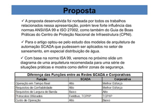 Proposta 
 A proposta desenvolvida foi norteada por todos os trabalhos 
relacionados nessa apresentação, porém teve forte influência das 
normas ANSI/ISA 99 e ISO 27002, como também do Guia de Boas 
Práticas do Centro de Proteção Nacional de Infraestrutura (CPNI). 
 Para o artigo optou-se pelo estudo dos modelos de arquitetura de 
automação SCADA que pudessem ser aplicados no setor de 
saneamento, em especial distribuição de água. 
 Com base na norma ISA 99, veremos no próximo slide um 
diagrama de uma arquitetura recomendada para uma série de 
situações práticas e mostra como definir zonas de segurança. 
 