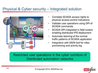 Physical & Cyber security – Integrated solution 
•Correlate SCADA access rights to physical access-control indications 
•Validate user operations using DPI of SCADA commands 
•SCADA DPI integrated in field routers enabling distributed IPS deployment 
•Automatic learning of the normal traffic patterns of SCADA application 
•Integration with SIEM tool for roles provisioning and activity log 
- 10 - 
© Copyright 2014, RADiFlow Ltd. 
Restricted user operations in the cyber corridors of Distributed automation networks  