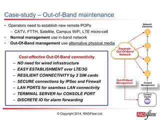 •Operators need to establish new remote POPs 
–CATV, FTTH, Satellite, Campus WiFi, LTE micro-cell 
•Normal management use in-band network 
•Out-Of-Band management use alternative physical media 
Cost-effective Out-Of-Band connectivity 
–NO need for wired infrastructure 
–EASY ESTABLISHMENT over LTE/3G 
–RESILIENT CONNECTIVITY by 2 SIM cards 
–SECURE connections by IPSec and Firewall 
–LAN PORTS for seamless LAN connectivity 
–TERMINAL SERVER for CONSOLE PORT 
–DISCRETE IO for alarm forwarding 
Separate Out-Of-Band Network 
Control Center 
In-band Management 
Out-Of-Band Management 
Network Elements 
© Copyright 2014, RADiFlow Ltd. 
Case-study – Out-of-Band maintenance  