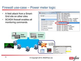 Firewall use-case – Power meter logic 
•A field attack from a Smart- Grid site on other sites 
•SCADA firewall enables all monitoring commands 
- 8 - 
© Copyright 2014, RADiFlow Ltd. 
Data Center 
Control 
Center  