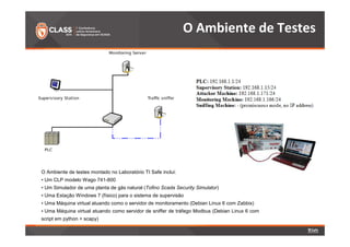 O Ambiente de Testes 
O Ambiente de testes montado no Laboratório TI Safe inclui: 
• Um CLP modelo Wago 741-800 
• Um Simulador de uma planta de gás natural (Tofino Scada Security Simulator) 
• Uma Estação Windows 7 (físico) para o sistema de supervisão 
• Uma Máquina virtual atuando como o servidor de monitoramento (Debian Linux 6 com Zabbix) 
• Uma Máquina virtual atuando como servidor de sniffer de tráfego Modbus (Debian Linux 6 com 
script em python + scapy) 
 