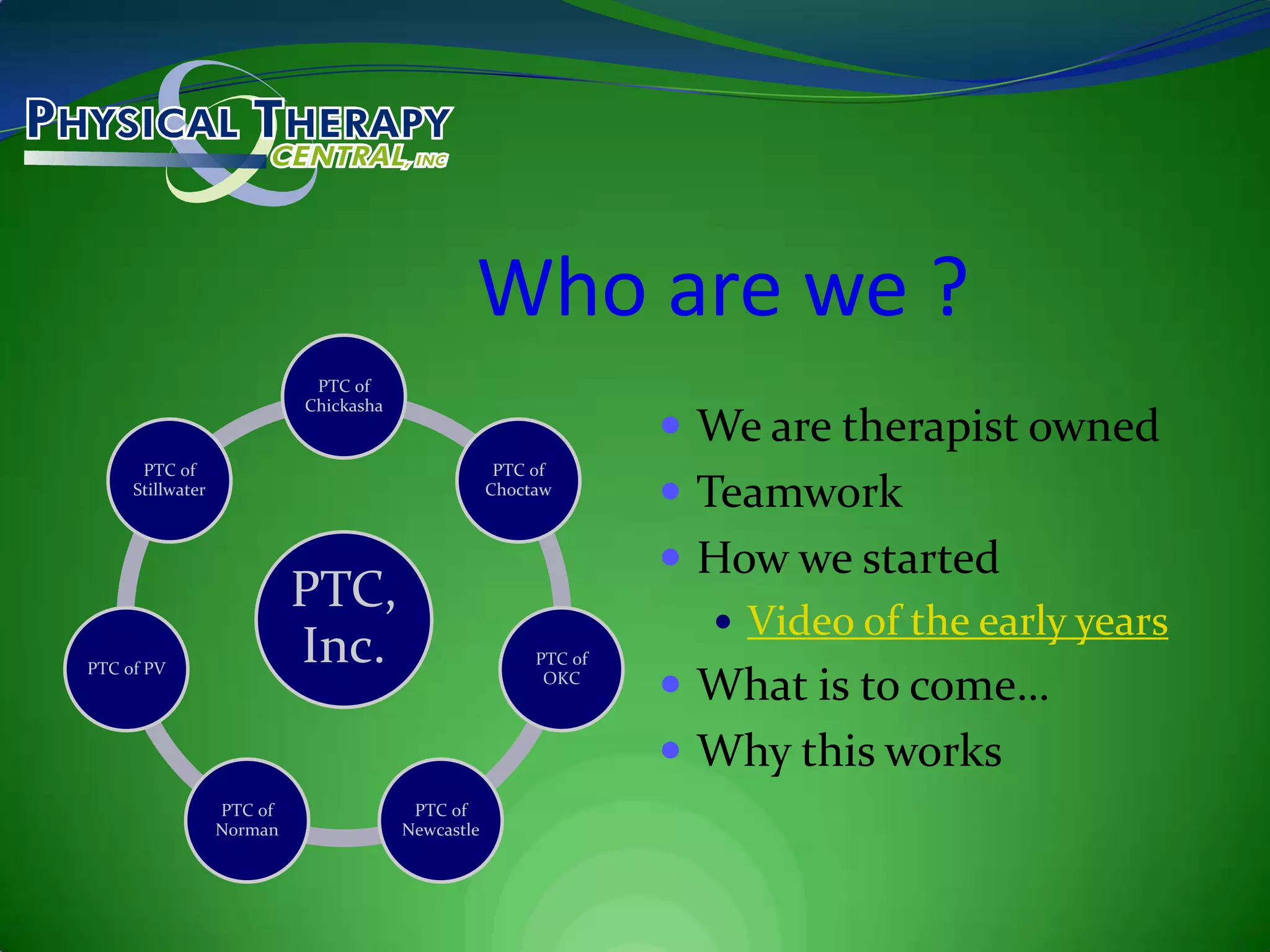 Who are we ?We are therapist ownedTeamworkHow we startedVideo of the early yearsWhat is to come…Why this works
