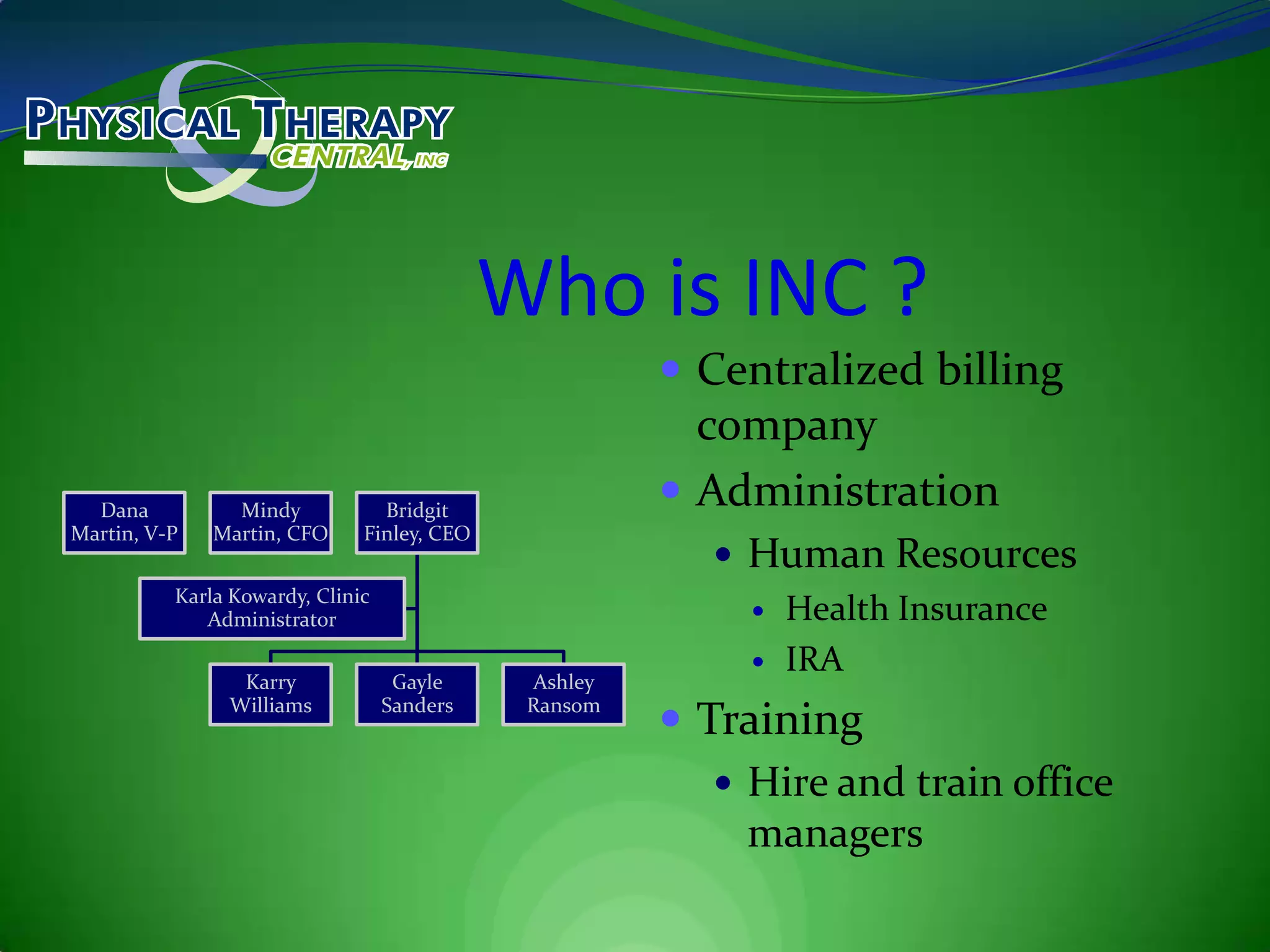 Who is INC ?Centralized billing companyAdministrationHuman ResourcesHealth InsuranceIRATrainingHire and train office managers