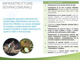 102
12 PROPOSTE OPERATIVE
a Realizzazione di un archivio storico di valle.
b
Costituzione di un vero e proprio “Distretto
della Memoria” per dare un giusto riconoscimento
alle importanti testimonianze degli eventi e della
civiltà passata.
c
Realizzazione di un campo da golf in aree non
agricole, integrato con il circuito golf trentino
(disboscamento aree colonizzate dal bosco) se
sostenibile dal punto di vista ambientale,
paesaggistico ed economico.
d
Realizzazione Centro Federale mountain bike a
Commezzadura.
e
Realizzazione dei punti di riparo e di ristoro
lungo la pista ciclabile e lungo i sentieri
puntando sulla valorizzazione delle malghe .
f
Realizzazione di percorsi/piste dedicate agli
slittini utilizzando strade di montagna e
forestali esistenti e compatibilmente con la
normativa vigente in materia di sicurezza.
g
Creazione di distretti sportivi (specializzati)
supportati nella gestione da tutti i Comuni della Valle.
h
Realizzazione di una sezione del museo
“Bresadoliano” a Magras.
i
Realizzazione di parchi giochi coperti per
bambini per le giornate di pioggia.
©Comunità della Valle di Sole - 2014
INFRASTRUTTURE
SOVRACOMUNALI
Le proposte operative elencate dal
tavolo degli stakeholders devono sin
d’ora fare riflettere su nuove strategie
di sviluppo e potenziamento delle
strutture esistenti e delle attività per le
quali la Valle è riconosciuta.
!
 