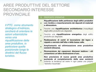 106
13 PROPOSTE OPERATIVE
a
Riqualiﬁcazione delle pertinenze degli ediﬁci produttivi
con riordino o mascheramento dei depositi di materiali
e attrezzature.
b
Favorire una riqualiﬁcazione architettonica (maquillage)
degli ediﬁci produttivi più degradati.
c
Favorire una riqualiﬁcazione energetica degli ediﬁci
produttivi più degradati.
d
Realizzazione di centri di lavorazione del legno e
cippato a servizio dell’alta e della bassa valle.
e
Ampliamento ed ottimizzazione aree produttive
esistenti (Ossana).
f
Riconversione dei capannoni dismessi laddove i siti
consentono un’altra destinazione d’uso.
g
Non previsione di nuove grandi aree produttive
puntando al completamento delle aree esistenti
evitando la tendenza ad avere in ogni paese una proprio
“distretto industriale”.
©Comunità della Valle di Sole - 2014
AREE PRODUTTIVE DEL SETTORE
SECONDARIO INTERESSE
PROVINCIALE
Il PTC. come strumento
strategico d’indirizzo,
cercherà di orientare le
azioni urbanistiche
verso una
riqualificazione delle
aree produttive, in
particolare quelle
posizionate lungo le
direttrici del flusso
turistico.
 
