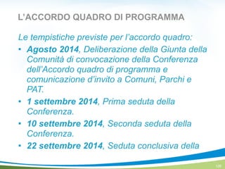 L’ACCORDO QUADRO DI PROGRAMMA
Le tempistiche previste per l’accordo quadro:
! Agosto 2014, Deliberazione della Giunta della
Comunità di convocazione della Conferenza
dell’Accordo quadro di programma e
comunicazione d’invito a Comuni, Parchi e
PAT.
! 1 settembre 2014, Prima seduta della
Conferenza.
! 10 settembre 2014, Seconda seduta della
Conferenza.
! 22 settembre 2014, Seduta conclusiva della
128
 
