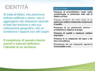 26
PUNTI DI FORZA
Presenza di un’architettura rurale molto
caratterizzata, in particolare nelle valli di
Rabbi e di Peio.
Presenza all’interno dei centri storici di un
patrimonio edilizio tradizionale mediamente
di qualità.
Presenza di un patrimonio storico –
architettonico religioso di pregio.
Presenza di castelli e residenze nobiliari
importanti
Presenza di un artigianato del legno e del
ferro d’eccellenza.
P r e s e n z a d i u n t e s s u t o a g r a r i o
riconoscibile e vivo.
IDENTITÀ
Si tratta di fattori, che potremmo
definire artificiali e storici, che si
aggiungono alla dotazione naturale
di beni del territorio e alla sua
collocazione geografica, che ne
condiziona i rapporti con altri luoghi.
!
Il complesso di queste risorse
sociali e naturali definisce
l’identità di un territorio.
©Comunità della Valle di Sole - 2014
 