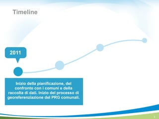 Timeline
3
Inizio della pianificazione, del
confronto con i comuni e della
raccolta di dati. Inizio del processo di
georeferenziazione del PRG comunali.
2011
 
