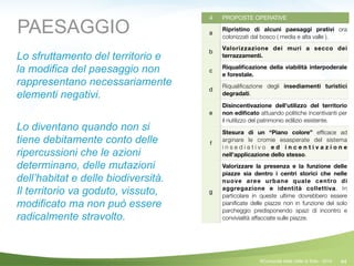 44
4 PROPOSTE OPERATIVE
a
Ripristino di alcuni paesaggi prativi ora
colonizzati dal bosco ( media e alta valle ).
b
Valorizzazione dei muri a secco dei
terrazzamenti.
c
Riqualiﬁcazione della viabilità interpoderale
e forestale.
d
Riqualiﬁcazione degli insediamenti turistici
degradati.
e
Disincentivazione dell’utilizzo del territorio
non ediﬁcato attuando politiche incentivanti per
il riutilizzo del patrimonio edilizio esistente.
f
Stesura di un “Piano colore” efﬁcace ad
arginare le cromie esasperate del sistema
i n s e d i a t i v o e d i n c e n t i v a z i o n e
nell’applicazione dello stesso.
g
Valorizzare la presenza e la funzione delle
piazze sia dentro i centri storici che nelle
nuove aree urbane quale centro di
aggregazione e identità collettiva. In
particolare in queste ultime dovrebbero essere
pianiﬁcate delle piazze non in funzione del solo
parcheggio predisponendo spazi di incontro e
convivialità affacciate sulle piazze.
PAESAGGIO
Lo sfruttamento del territorio e
la modifica del paesaggio non
rappresentano necessariamente
elementi negativi.
!
Lo diventano quando non si
tiene debitamente conto delle
ripercussioni che le azioni
determinano, delle mutazioni
dell’habitat e delle biodiversità.
Il territorio va goduto, vissuto,
modificato ma non può essere
radicalmente stravolto.
©Comunità della Valle di Sole - 2014
 