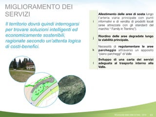 63
i
Allestimento delle aree di sosta lungo
l’arteria viaria principale con punti
informativi e di vendita di prodotti locali
(aree attrezzate con gli standard del
marchio “ Family in Trentino”).
j
Riordino delle aree degradate lungo
la viabilità principale.
k
Necessità di regolamentare le aree
parcheggio attraverso un apposito
“piano parcheggi” di Valle
l
Sviluppo di una carta dei servizi
adeguata al trasporto interno alla
Valle.
MIGLIORAMENTO DEI
SERVIZI
Il territorio dovrà quindi interrogarsi
per trovare soluzioni intelligenti ed
economicamente sostenibili,
ragionate secondo un’attenta logica
di costi-benefici.
©Comunità della Valle di Sole - 2014
 