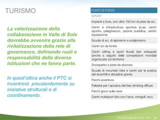 68
PUNTI DI FORZA
SPORT
Impianti a fune, con oltre 150 km di piste da sci
Centri e infrastrutture sportive (p.es. centri
sportivi, palaghiaccio, piscina pubblica, centro
equitazione)
Scuola di sci, di alpinismo e scialpinismo
Centri sci da fondo
Centri rafting e sport ﬂuviali ben sviluppati
(anche a seguito delle competizioni mondiali
organizzate sul territorio)
Snowparks e piste da skicross
Scuole di mountain bike e centri per la pratica
del downhill e discipline gravity
Parchi avventura
Palestre per l apratica del free climbing diffuse
Parchi gioco sulla neve
Centri multisport (tiro con l’arco, minigolf, ecc)
TURISMO
La valorizzazione della
collaborazione in Valle di Sole
dovrebbe avvenire grazie alla
rivitalizzazione della rete di
governance, definendo ruoli e
responsabilità delle diverse
istituzioni che ne fanno parte.
!
In quest’ottica anche il PTC si
incentrerà prevalentemente su
iniziative strutturali e di
coordinamento.
©Comunità della Valle di Sole - 2014
 
