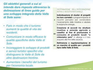 78
SISTEMAZIONE DELL’INTEGRAZIONE
INTRA E INTERTERRITORIALE
z
Individuazione di cluster di progetti
tra loro correlati e programmazione di
incontri periodici per condividere
l’avanzamento delle iniziative e valutare
le reciproche sinergie.
aa
Creazione di accordi tra strutture
ricettive e aziende agricole o
caseiﬁci al ﬁne di promuovere il
consumo di prodotti locali “a
chilometro zero” in albergo e il loro
acquisto alla ﬁne della vacanza.
ab
Deﬁnizione e regolamentazione di
un marchio di qualità per i prodotti
tipici della Valle di Sole.
©Comunità della Valle di Sole - 2014
Gli obiettivi generali a cui si
intende dare risposta attraverso la
delineazione di linee guida per
uno sviluppo integrato della Valle
di Sole sono:
!
! Fare in modo che il turismo
aumenti la qualità di vita dei
residenti.
! Comunicare in modo efficace le
qualità specifiche della Valle di
Sole.
! Incoraggiare lo sviluppo di prodotti
e servizi turistici specifici che
distinguano la Valle di Sole da
altre destinazioni trentine.
! Aumentare i benefici del turismo
per l’economia locale.
 