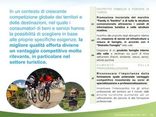 79
DISTRETTO FAMIGLIA A PORTATA DI
TURISTA
ac
Promozione incrociata del marchio
“Family in Trentino” e di tutte le strutture
convenzionate attraverso i canali di
informazione turistica e nelle strutture
ricettive.
ad
Incentivo alle proposte degli albergatori relative
alla creazione di servizi ed infrastrutture a
misura di famiglie, in accordo con il
“Distretto Famiglia” della valle.
ae
Creazione di un prodotto famiglia interno
alla valle e declinato sui punti di forza
dell’ambito (Parchi, ambiente, natura, servizi,
attività sportive)
A U M E N T O D E L L A
PROFESSIONALIZZAZIONE
af
R i c o n o s c e re l ’ i m p o r t a n z a d e l l a
formazione quale potenziale vantaggio
competitivo investendo su corsi di
specializzazione e professionalizzazione.
ag
Incentivare l’interscambio tra gli istituti
professionali del territorio ed il mondo delle
attività turistiche puntando ad un
rafforzamento dei percorsi di alta formazione
professionale.
©Comunità della Valle di Sole - 2014
In un contesto di crescente
competizione globale dei territori e
delle destinazioni, nel quale i
consumatori di beni e servizi hanno
la possibilità di scegliere in base
alle proprie specifiche esigenze, la
migliore qualità offerta diviene
un vantaggio competitivo molto
rilevante, in particolare nel
settore turistico.
!
!
 