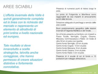 83
Presenza di numerosi punti di ristoro lungo le
piste.
Le piste di Folgarida e Marilleva sono
raggiungibili da due impianti di arroccamento
serviti dalla ferrovia.
Dotazione adeguata di parcheggi a servizio delle
aree sciabili.
Buon posizionamento geograﬁco delle stazioni
invernali di Folgarida Marilleva e del Tonale.
Sci di fondo presente sul territorio con impianti a
Passo Tonale, Vermiglio, Cogolo, Ossana,
Mezzana, Commezzadura e Rabbi. Un totale di
oltre 50 km di piste così ripartite:
Centro fondo Vermiglio: 20 km di piste
Centro fondo Cogolo: 10 km di piste
Centro fondo Mezzana: 8 km di piste
Centro fondo Ossana: 5 km di piste
Centro fondo Rabbi: 5 km di piste
Presenza di 4 scuole di sci di fondo e 13
postazioni per noleggio attrezzatura.
L’offerta invernale della Valle è
quindi generalmente completa
ed in linea con le richieste del
mercato e rappresenta un
elemento di attrattività di
prim’ordine a livello nazionale
ed europeo.
!
Tale risultato si deve
innanzitutto a scelte
strategiche, talvolta anche
coraggiose, che hanno
permesso di creare situazioni
distintive e fortemente
connotative.
AREE SCIABILI
©Comunità della Valle di Sole - 2014
 