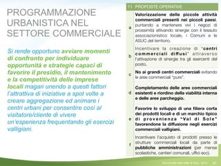 97
11 PROPOSTE OPERATIVE
a
Valorizzazione delle piccole attività
commerciali presenti nei piccoli paesi,
puntando a mantenere vivi i negozi di
prossimità attivando sinergie con il tessuto
associazionistico locale, i Comuni e le
ASUC del territorio.
b
Incentivare la creazione di “centri
c o m m e rc i a l i d i ﬀ u s i ” a t t r a v e r s o
l’attivazione di sinergie tra gli esercenti del
posto.
c
No ai grandi centri commerciali evitando
le aree commerciali “pure”.
d
Completamento delle aree commerciali
esistenti e riordino della viabilità interna
e delle aree parcheggio.
e
Favorire lo sviluppo di una ﬁliera corta
dei prodotti locali e di un marchio tipico
d i p r o v e n i e n z a “ Va l d i S o l e ”
favorendone la diﬀusione negli esercizi
commerciali valligiani.
f
Incentivare l’acquisto di prodotti presso le
strutture commerciali locali da parte di
pubbliche amministrazioni (per mense
scolastiche, cantieri comunali, ufﬁci ecc).
Si rende opportuno avviare momenti
di confronto per individuare
opportunità e strategie capaci di
favorire il presidio, il mantenimento
e la competitività delle imprese
locali magari unendo a questi fattori
l’attrattiva di iniziative a spot volte a
creare aggregazione ed animare i
centri urbani per consentire così al
visitatore/cliente di vivere
un’esperienza frequentando gli esercizi
valligiani.
PROGRAMMAZIONE
URBANISTICA NEL
SETTORE COMMERCIALE
©Comunità della Valle di Sole - 2014
 