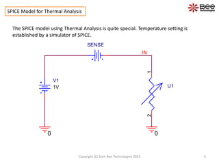 SPICE Model for Thermal Analysis
The SPICE model using Thermal Analysis is quite special. Temperature setting is
established by a simulator of SPICE.
V1
1V
0
IN
SENSE
0
U1
SMD1812P050TF-30
12
6Copyright (C) Siam Bee Technologies 2015