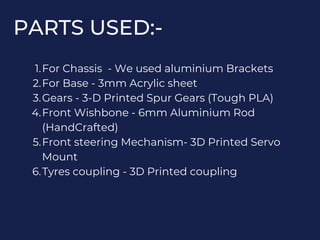 PARTS USED:-
For Chassis - We used aluminium Brackets
For Base - 3mm Acrylic sheet
Gears - 3-D Printed Spur Gears (Tough PLA)
Front Wishbone - 6mm Aluminium Rod
(HandCrafted)
Front steering Mechanism- 3D Printed Servo
Mount
Tyres coupling - 3D Printed coupling
1.
2.
3.
4.
5.
6.
 