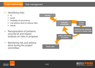 Project methodology      Risk management


> Identifying risks
      id                                  Identify
      Level
      Probality of occurrence
      List actions done to reduce risks                     Estimate              Periodic
                                                               -
                                                            re-estimate            iteration
      trends
                                                                              Defining and updating
> Recognization of probems                                                    actions to reduce risks
  occured et and impact
                                                          Follow efficiency
  analysis on risks in progress                               of actions


> Monitoring risk and actions
  done during the project                   Close risks
  committee.




                                           12/26
 