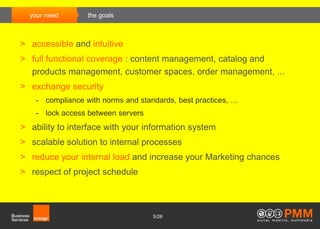 your need       the goals



> accessible and intuitive
> full functional coverage : content management, catalog and
  products management, customer spaces, order management, ...
> exchange security
    - compliance with norms and standards, best practices, …
    - lock access between servers
> ability to interface with your information system
> scalable solution to internal processes
> reduce your internal load and increase your Marketing chances
> respect of project schedule



                                    5/26
 