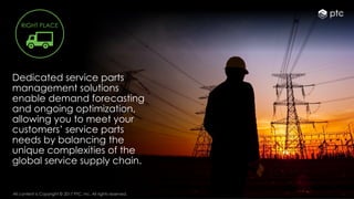 11All content is Copyright © 2017 PTC, Inc. All rights reserved. 11
Dedicated service parts
management solutions
enable demand forecasting
and ongoing optimization,
allowing you to meet your
customers’ service parts
needs by balancing the
unique complexities of the
global service supply chain.
11All content is Copyright © 2017 PTC, Inc. All rights reserved.
RIGHT PLACE
 