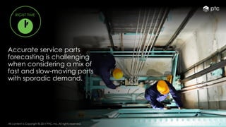 7All content is Copyright © 2017 PTC, Inc. All rights reserved. 7
Accurate service parts
forecasting is challenging
when considering a mix of
fast and slow-moving parts
with sporadic demand.
7All content is Copyright © 2017 PTC, Inc. All rights reserved.
RIGHT TIME
 