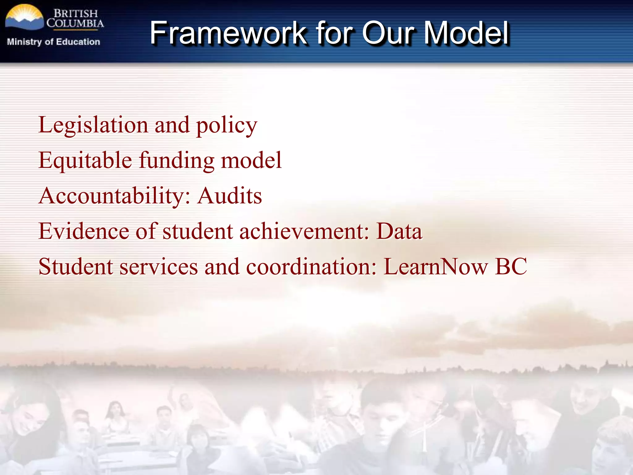 Framework for Our ModelLegislation and policy Equitable funding modelAccountability: AuditsEvidence of student achievement: DataStudent services and coordination: LearnNow BC