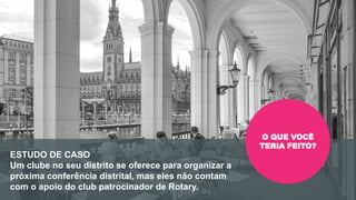 Encontro Rotaract Pré-Convenção
de 2019
#Rotaract19
ESTUDO DE CASO
Um clube no seu distrito se oferece para organizar a
próxima conferência distrital, mas eles não contam
com o apoio do club patrocinador de Rotary.
O QUE VOCÊ
TERIA FEITO?
 