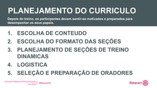 Encontro Rotaract Pré-Convenção
de 2019
#Rotaract19
1. ESCOLHA DE CONTEUDO
2. ESCOLHA DO FORMATO DAS SEÇÕES
3. PLANEJAMENTO DE SEÇÕES DE TREINO
DINAMICAS
4. LOGISTICA
5. SELEÇÃO E PREPARAÇÃO DE ORADORES
PLANEJAMENTO DO CURRICULO
Depois do treino, os participantes devem sentir-se motivados e preparados para
desempenhar os seus papeis.
 