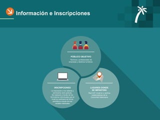 Información e Inscripciones
La inscripción a los talleres y
seminarios será gratuita.
Se realizará a través de los
formularios individuales que el
Invat·tur publicará de forma
periódica a través de sus
canales habituales
Red CdT, Invat.tur y centros
colaboradores de la
Comunitat Valenciana
INSCRIPCIONES LUGARES DONDE
SE IMPARTIRÁ
Técnicos y profesionales de
empresas y destinos turísticos.
PÚBLICO OBJETIVO
 