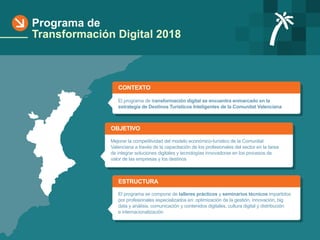 Programa de
Transformación Digital 2018
CONTEXTO
El programa de transformación digital se encuentra enmarcado en la
estrategia de Destinos Turísticos Inteligentes de la Comunitat Valenciana
Mejorar la competitividad del modelo económico-turístico de la Comunitat
Valenciana a través de la capacitación de los profesionales del sector en la tarea
de integrar soluciones digitales y tecnologías innovadoras en los procesos de
valor de las empresas y los destinos
El programa se compone de talleres prácticos y seminarios técnicos impartidos
por profesionales especializados en: optimización de la gestión, innovación, big
data y análisis, comunicación y contenidos digitales, cultura digital y distribución
e internacionalización
ESTRUCTURA
OBJETIVO
 