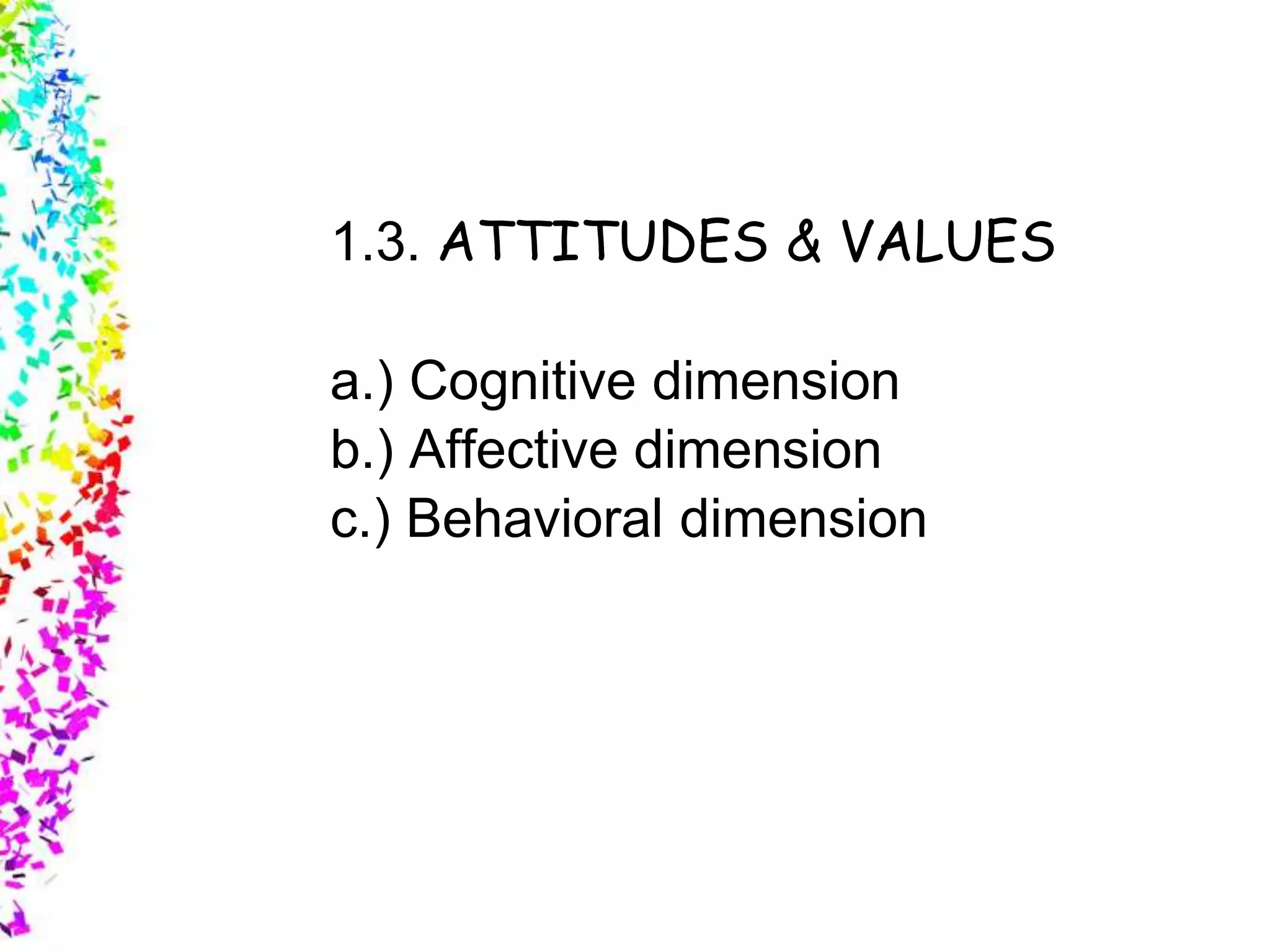 Slide 10
© 2004 By Default!A Free sample background from www.awesomebackgrounds.com
1.3. ATTITUDES & VALUES
a.) Cognitive dimension
b.) Affective dimension
c.) Behavioral dimension
 