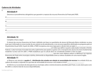 Caderno de Atividades
9
         Atividade 9
         Descreva os procedimentos obrigatórios que garantem o repasse dos recursos financeiros do Pnate pelo FNDE.
      a)_____________________________________________________________________________________________________________
      _______________________________________________________________________________________________________________
      b)_____________________________________________________________________________________________________________
      _______________________________________________________________________________________________________________
      c)_____________________________________________________________________________________________________________
      _______________________________________________________________________________________________________________
      d)_____________________________________________________________________________________________________________
      _______________________________________________________________________________________________________________


         Atividade 10
         Complete a frase a seguir:
         O cálculo dos recursos financeiros do Pnate é definido com base no quantitativo de alunos da Educação Básica residentes na zona
      rural, que é informado no censo escolar do ano anterior ao do atendimento, e nos recursos específicos destinados ao programa pela Lei
      Orçamentária Anual (LOA). A partir de 2006, o FNDE incorporou uma nova regra para o cálculo (não use sigla), o ___________________
      __________________________________________________________, um índice que define o quanto cada estado, incluindo o Distrito
      Federal, e cada município irá receber de verba suplementar para apoiar os gastos com o transporte dos alunos do ensino fundamental,
      residentes na área rural. Em 2007, o FNDE estabeleceu que no cálculo deve ser considerado também o (não use sigla) _____________
      _____________________________________________________________, que tem como objetivo reduzir as diferenças nos repasses
      financeiros do Pnate entre municípios vizinhos, diminuindo as disparidades entre os valores recebidos em uma mesma região.
         Atividade 11
        a) Observe com atenção o quadro 2 – distribuição dos estados em relação às necessidades de recursos (na unidade III do seu
      caderno de estudo) e responda: Em que faixa de necessidade de recursos o seu estado se inclui? _____________________ .
        b) Informe-se, na secretaria de educação de seu município, sobre o número de alunos atendidos pelo Pnate, o custo-aluno para o ano
      de 2009 e o volume total de recursos disponibilizados.

FormAção pela Escola
 