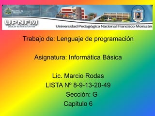Trabajo de: Lenguaje de programación
Asignatura: Informática Básica
Lic. Marcio Rodas
LISTA Nº 8-9-13-20-49
Sección: G
Capitulo 6
 