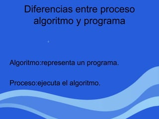 Diferencias entre proceso
algoritmo y programa
Algoritmo:representa un programa.
Proceso:ejecuta el algoritmo.
 