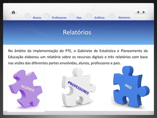 Relatórios No âmbito da implementação do PTE, o  Gabinete de Estatística e Planeamento da Educação  elaborou um relatório sobre os recursos digitais e três relatórios com base nas visões das diferentes partes envolvidas, alunos, professores e pais. Alunos Professores Pais Gráficos Números 