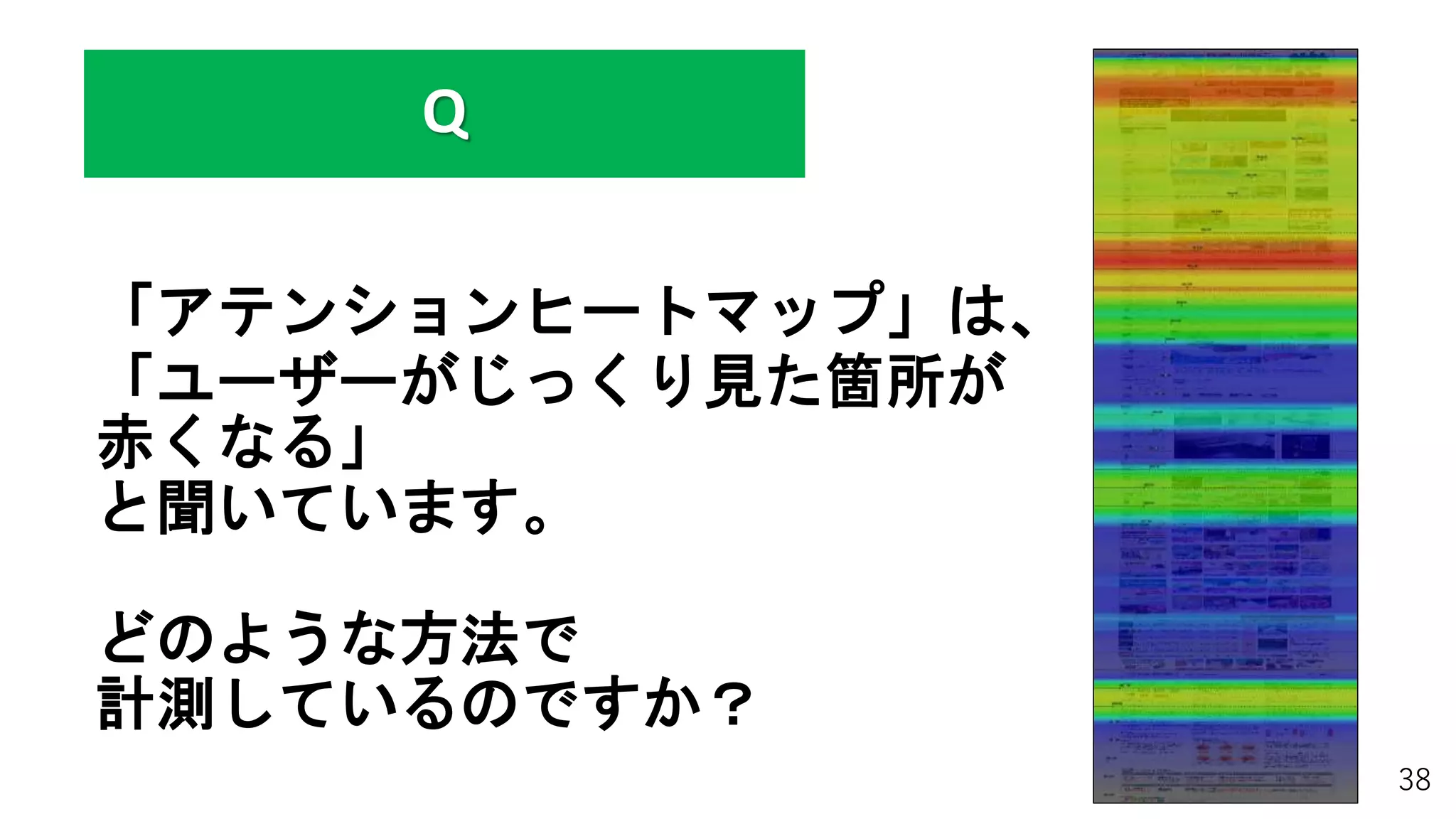 「アテンションヒートマップ」は、
「ユーザーがじっくり見た箇所が
赤くなる」
と聞いています。
どのような方法で
計測しているのですか？
38
Q
 
