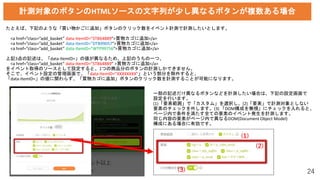 24
計測対象のボタンのHTMLソースの文字列が少し異なるボタンが複数ある場合
たとえば、下記のような「買い物かごに追加」ボタンのクリック数をイベント計測で計測したいとします。
<a href=”class=”add_basket” data-ItemID=”STB64889″>買物カゴに追加</a>
<a href=”class=”add_basket” data-ItemID=”DTB99057″>買物カゴに追加</a>
<a href=”class=”add_basket” data-ItemID=”WTP99756″>買物カゴに追加</a>
上記3点の記述は、「data-ItemID=」の値が異なるため、上記のうちの一つ、
<a href=”class=”add_basket” data-ItemID=”STB64889” >買物カゴに追加</a>
をイベント取得のソースとして設定すると、1つの商品分のボタンの計測しかできません。
そこで、イベント設定の管理画面で、「data-ItemID=”XXXXXXXX”」という部分を除外すると、
「data-ItemID=」の値に関わらず、「買物カゴに追加」ボタンのクリック数を計測することが可能になります。
(1)
(2)
(3)
一部の記述だけ異なるボタンなどを計測したい場合は、下記の設定画面で
設定を行います。
(1)「要素範囲」で「カスタム」を選択し、(2)「要素」で計測対象としない
要素のチェックを外します。(3) 「DOM構成を無視」にチェックを入れると、
ページ内で条件を満たす全ての要素のイベント発生を計測します。
同じ内容の要素がページ内で異なるDOM(Document Object Model)
構成にある場合に有効です。
 