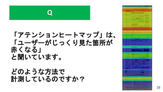 「アテンションヒートマップ」は、
「ユーザーがじっくり見た箇所が
赤くなる」
と聞いています。
どのような方法で
計測しているのですか？
38
Q
 